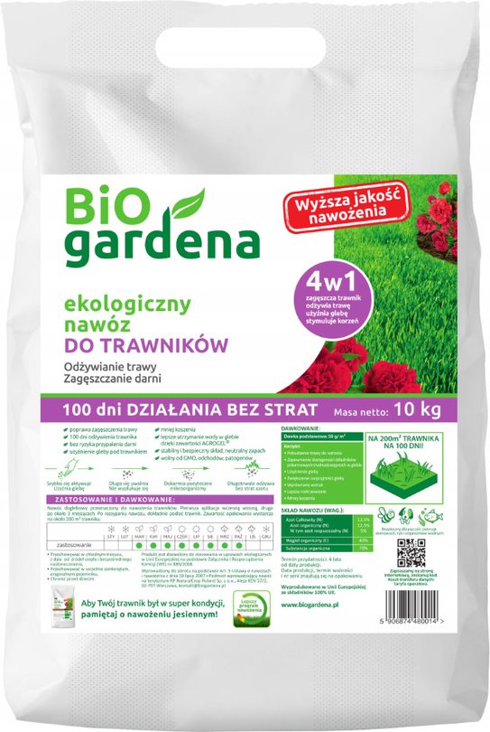 Organiczny nawóz azotowy do trawników 10 kg, 100 dni działania bez strat